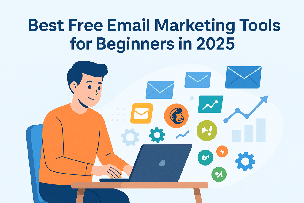 Beginner at laptop with email icons, charts, and text: Best Free Email Marketing Tools for Beginners in 2025