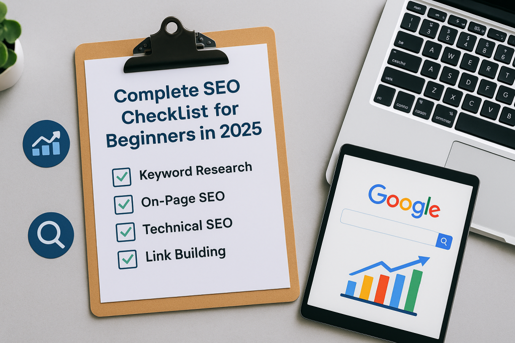 SEO checklist on a clipboard with Google and analytics icons in a digital workspace.