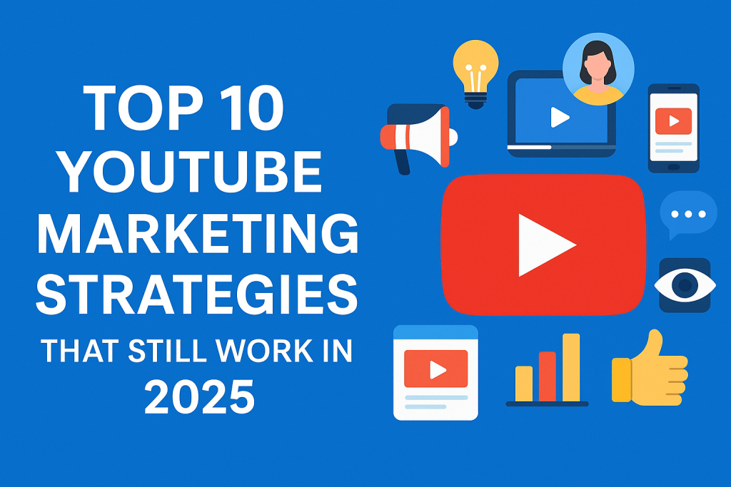 A 2D digital graphic design displays the topic "Top 10 YouTube Marketing Strategies in 2025" with vibrant icons representing video content, analytics, and social media, set against a clean, professional background