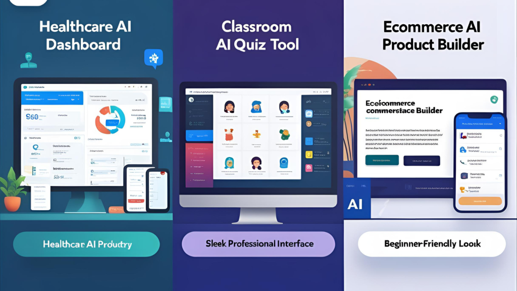 3-part split screen showing healthcare AI dashboard, classroom AI quiz tool, and ecommerce AI product builder, labeled by industry, sleek professional interface, beginner-friendly look