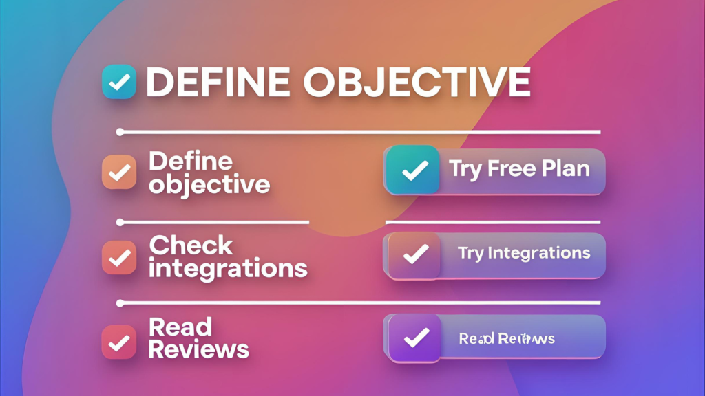 Checklist UI-style visual with boxes ticked: ‘Define Objective’, ‘Try Free Plan’, ‘Check Integrations’, ‘Read Reviews’, gradient background, simple dashboard aesthetic