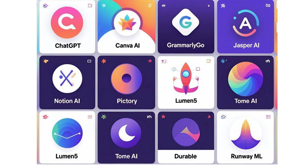 Grid layout showing screenshots or icons of 10 AI tools: ChatGPT, Canva AI, GrammarlyGO, Jasper AI, Notion AI, Pictory, Lumen5, Tome AI, Durable, Runway ML, each with a short tag line below, vibrant modern UI