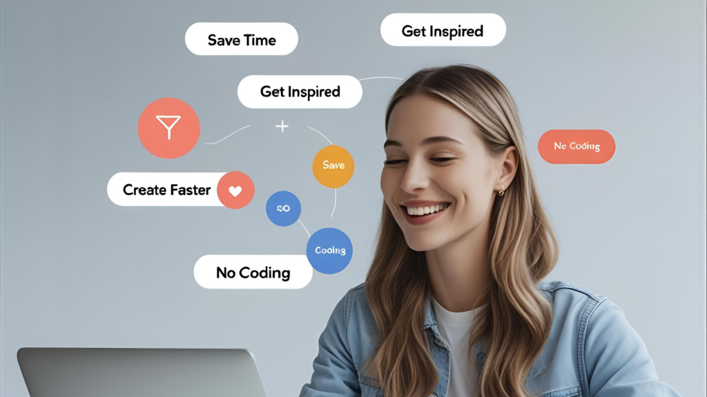 Minimalist scene showing a person smiling while automating tasks with AI, with floating labels like ‘Save Time’, ‘Get Inspired’, ‘Create Faster’, ‘No Coding’, clean interface background