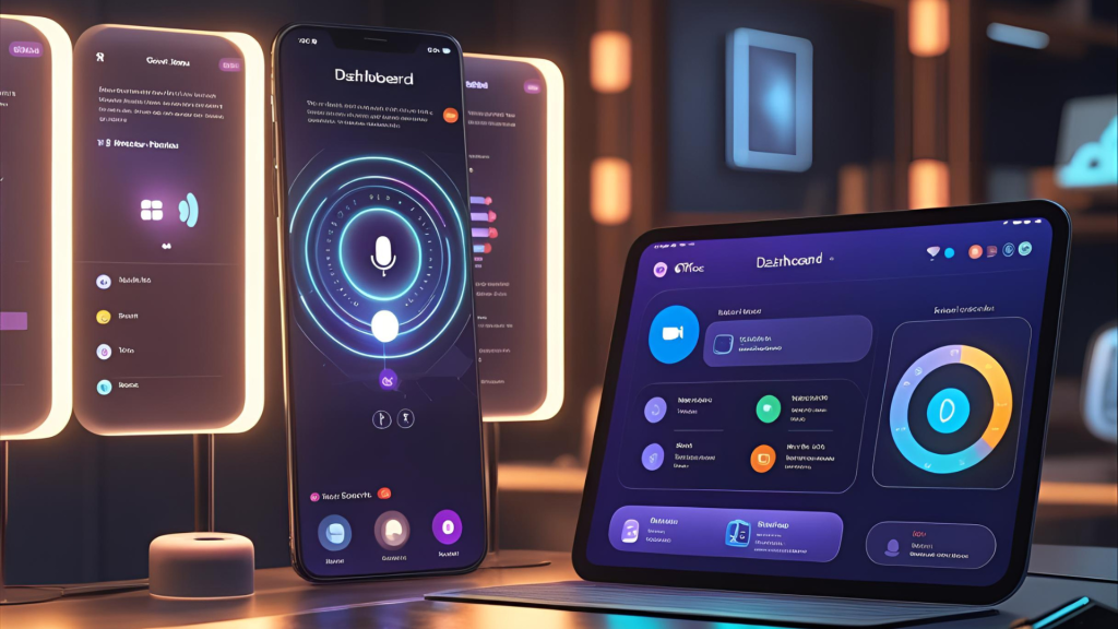 Futuristic mobile AI assistant interface showing voice control, custom dashboards, integration with Office and Zoom, glowing glass UI elements, landscape format
