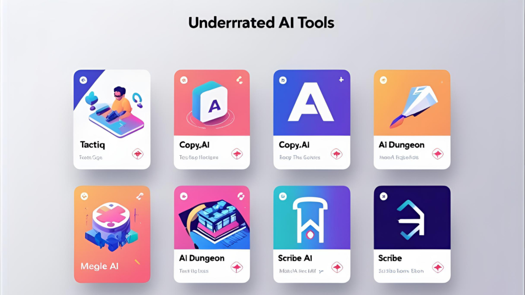Collage or carousel-style layout of underrated AI tools (Tactiq, Copy.ai, AI Dungeon, Scribe AI), each on a card with a headline and icon, modern bright color scheme