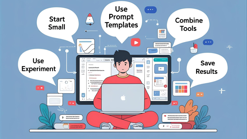 Modern digital illustration of a beginner using a laptop surrounded by floating icons representing AI tools (writing, design, video, chat, productivity), with tip bubbles reading ‘Start Small’, ‘Use Prompt Templates’, ‘Experiment’, ‘Combine Tools’, and ‘Save Results’.
