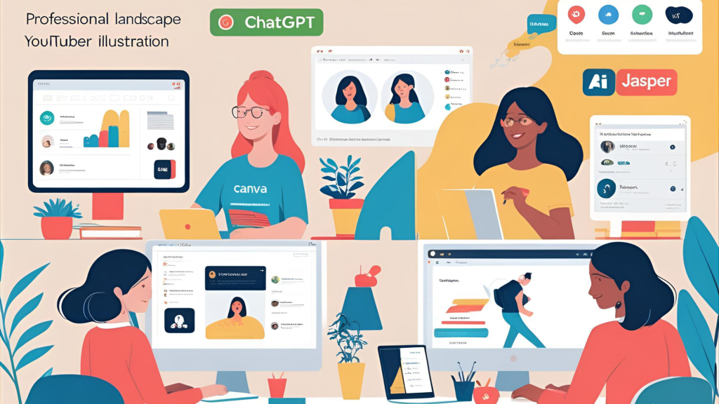 Professional landscape illustration showing diverse users—student, freelancer, YouTuber, teacher—each using different AI tools like ChatGPT, Canva, Jasper. Clean tech interface elements, modern and approachable design