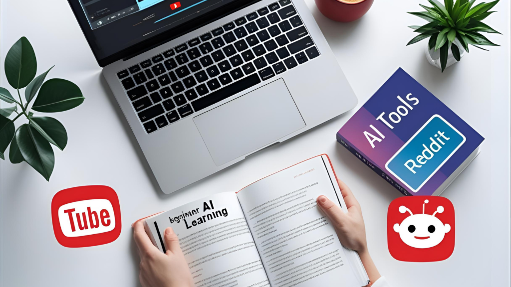 A beginner's AI learning desk with laptop, books labeled 'AI Tools', and icons of YouTube, and Reddit. Clean, modern, and tech-inspired.