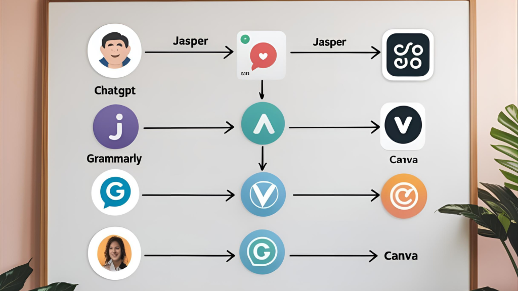Flowchart visual showing content creation workflow with arrows: ChatGPT → Jasper → Grammarly → Canva, clean tech UI, whiteboard layout